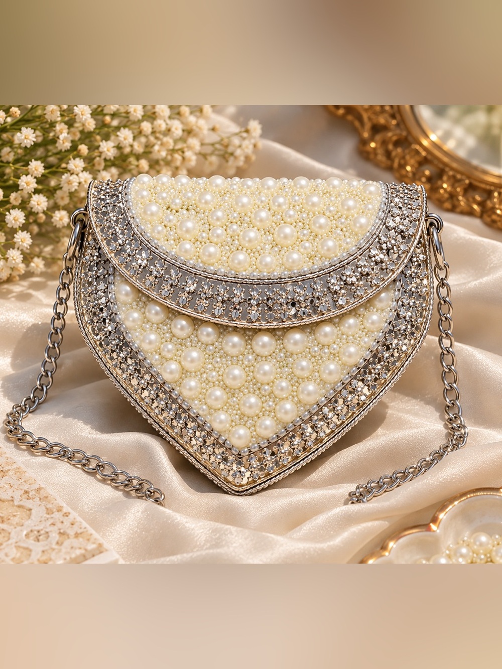 Pearl-Studded Cream Evening Clutch with Silver Accents